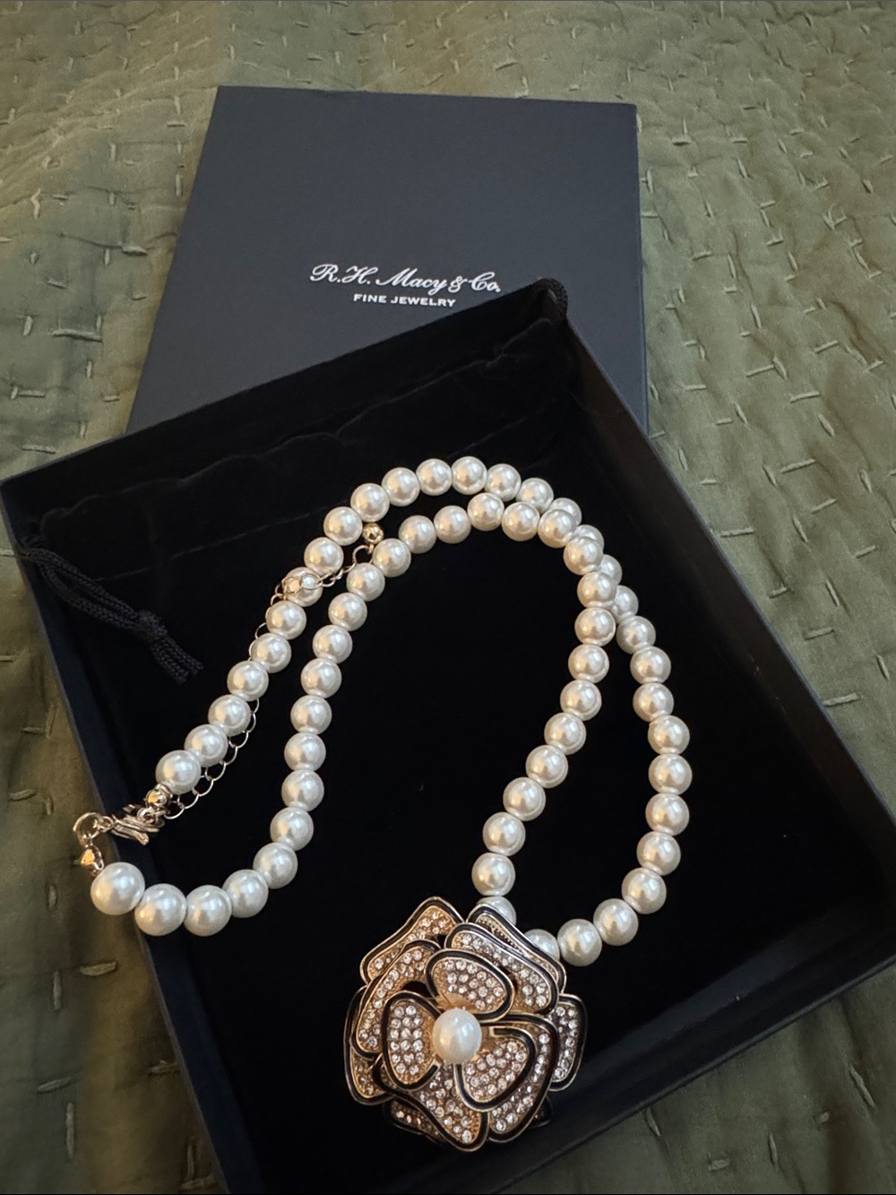 Macy's Pearl Necklace with Gold-Tone Crystal Flower Pendant